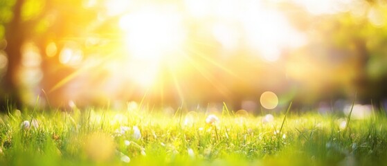 Obraz premium Beautiful blurred spring nature background with bokeh, green grass, and sun flare on a sunny day, ideal for a healthy lifestyle concept.