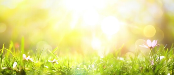 Obraz premium Beautiful blurred spring nature background with bokeh, green grass, and sun flare on a sunny day, ideal for a healthy lifestyle concept.