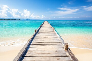 Wooden pier extending into turquoise ocean with white sand beach and clear water in a wide-angle view.