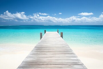 Obraz premium Wooden pier extending into turquoise ocean with white sand beach and clear water in a wide-angle view.