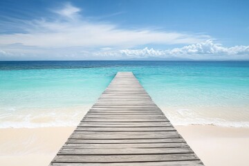 Obraz premium Wooden pier extending into turquoise ocean with white sand beach and clear water in a wide-angle view.