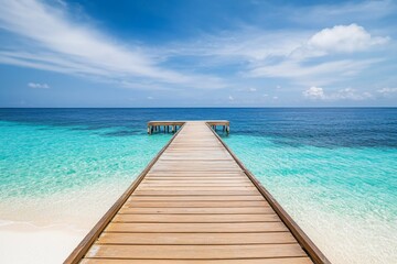 Obraz premium Wooden pier extending into turquoise ocean with white sand beach and clear water in a wide-angle view.