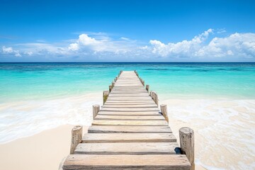 Obraz premium Wooden pier extending into turquoise ocean with white sand beach and clear water in a wide-angle view.