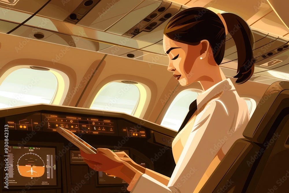 Poster The flight attendant reviews flight details on a tablet while seated in the cockpit, preparing for takeoff during a bright afternoon. Generative AI
