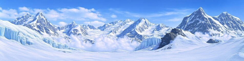 Snow-covered mountain panorama with towering peaks, blue sky, and ice wall with rocks. Vast and detailed snowy landscape.