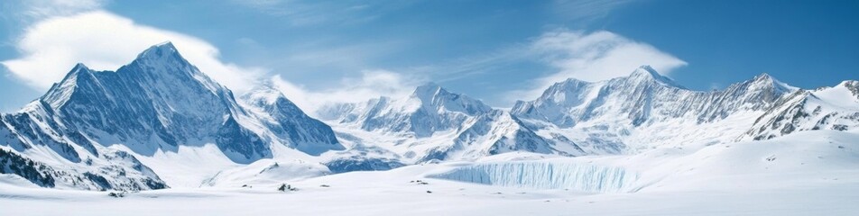 Obraz premium Snow-covered mountain panorama with towering peaks, blue sky, and ice wall with rocks. Vast and detailed snowy landscape.