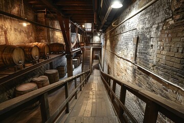 Obraz premium A rustic interior of a distillery featuring wooden barrels and a staircase.