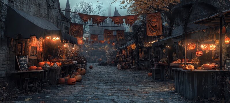 Halloween night market, with empty stalls that once sold spooky treats and costumes