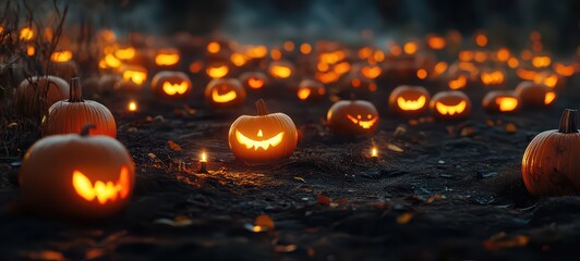 Pumpkin patch, with a scattering of carved pumpkins sitting on the ground