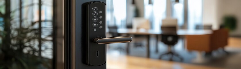 Digital lock on an office door, front view, focusing on security, advanced tone, splitcomplementary color scheme
