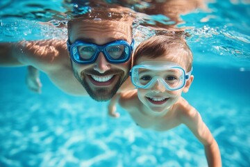 Fototapeta premium Father and son swimming underwater in a pool, wearing goggles and smiling at the camera, high-resolution, professional color grading, sharp focus, and soft shadows.