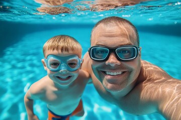 Fototapeta premium Father and son swimming underwater in a pool, wearing goggles and smiling at the camera, high-resolution, professional color grading, sharp focus, and soft shadows.