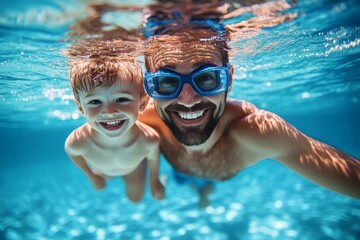 Naklejka premium Father and son swimming underwater in a pool, wearing goggles and smiling at the camera, high-resolution, professional color grading, sharp focus, and soft shadows.