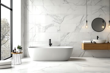 Stylish bathroom featuring a modern bathtub, marble tiles, and elegant decor, perfect for relaxation and luxury ambiance.