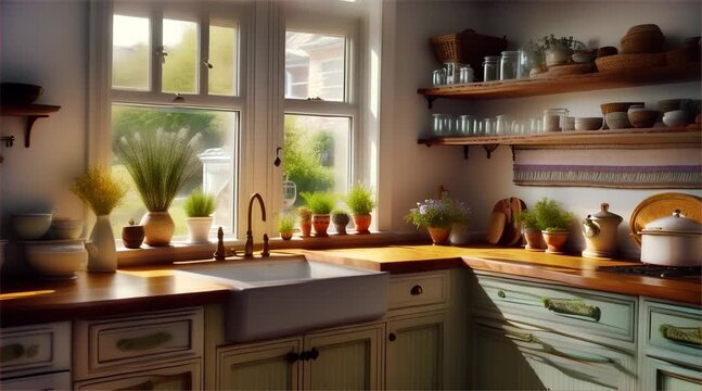 Boho kitchen with a large windowsill filled with herbs in delicate jars, casting patterned shadows across the room