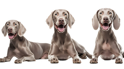 Happy weimaraner dog collection, portrait, sitting, lying and standing, isolated on a transparent background