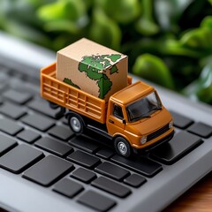 A toy truck carrying a package with a world map design on a laptop keyboard, representing global shipping and online commerce.