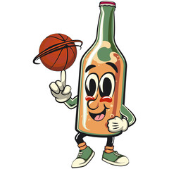 bottle beer cartoon character retro vector design spin the basketball with the index finger, work of hand drawn