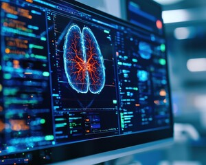 Futuristic brain scan interface displaying neural activity and data insights on a high-tech monitor with vibrant colors.