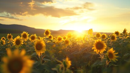 Fototapeta premium Vibrant sunflowers bask in the golden glow of sunset, creating a serene landscape filled with beauty and warmth.