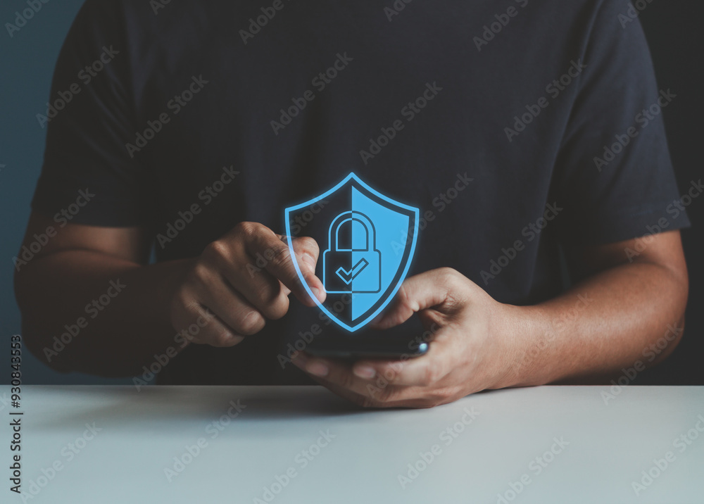 Leinwandbilder cyber ​​security and data protection. businessmen using smartphone internet network security, protec