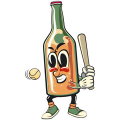 bottle beer cartoon character retro vector design playing baseball ready to hit the ball with the bat, work of hand drawn