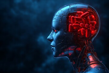 Obraz premium Cybernetic Human with a Smiley Face Representing the Intersection of Technology Emotion and Artificial Intelligence in a Futuristic High Tech Design