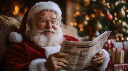 Santa Claus relaxing and reading a newspaper in a cozy Christmas setting, surrounded by holiday decorations and a festive tree.