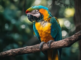 Obraz premium Colorful parrot perched on a branch, showcasing vibrant plumage in a lush green environment, ideal for wildlife photography.