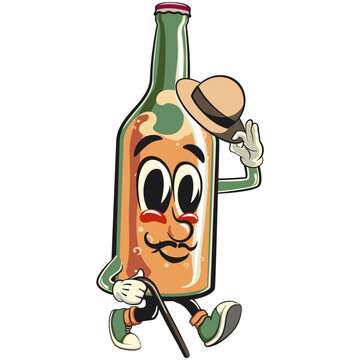 recommend clip art: bottle beer cartoon character retro vector design carrying a stick and saluting with raised hat, work of hand drawn