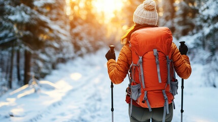 lone man hikes up a snowy mountain trail, facing away, highlighting solitude and perseverance in a winter landscape