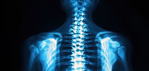 X-ray image highlighting the human spine and skeletal structure, showcasing anatomy in a striking blue hue.