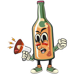 bottle beer cartoon character retro vector design shouting with a loudspeaker, work of hand drawn