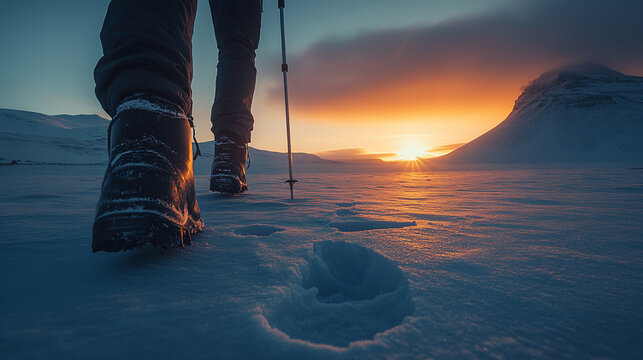 lone man hikes up a snowy mountain trail, facing away, highlighting solitude and perseverance in a winter landscape - Powered by Adobe