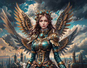 Fototapeta premium Beautiful steampunk girl with wings. Steampunk fairy. Portrait of a woman in fantasy dress.