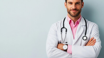Fototapeta premium Portrait of a confident male doctor wearing a white coat and stethoscope, smiling slightly, symbolizing professionalism in healthcare.