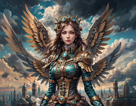 Beautiful steampunk girl with wings. Steampunk fairy. Portrait of a woman in fantasy dress.