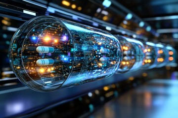 Futuristic Transparent Chamber Filled with Capsules Highlighting Advanced Medicine Technology and Pharmaceutical Innovation in a High Tech Sci Fi World