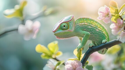 Chameleon isolated on spring background