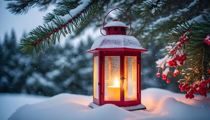 A glowing lantern surrounded by snow-covered pine branches and red berries, casting a warm light onto the snow below.
ai generated