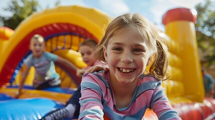 A joyful girl playing on a colorful inflatable structure with friends in the background.