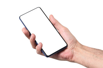 Hand Holding Smartphone with Blank Screen A close-up image of a hand holding a modern smartphone with a blank, white screen. The phone is positioned vertically, and the hand is holding it securely. 