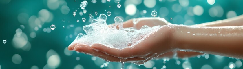 Fototapeta premium Refreshing Face Washing in Modern 3D Illustration with Soap Bubbles on Green Background
