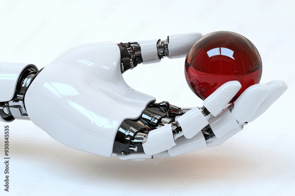 Poster futuristic robotic arm holding a red orb symbolizing the fusion of technology power and artificial i