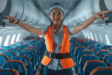 The flight attendant enthusiastically points out safety procedures while wearing a bright vest inside an aircraft with rows of empty seats. Generative AI