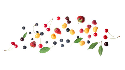 Flying different fresh berries and leaves on white background