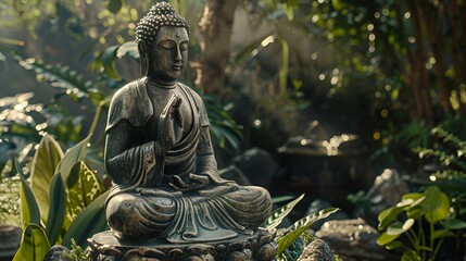 Obraz premium A serene Buddha statue surrounded by lush greenery in a tranquil garden setting.
