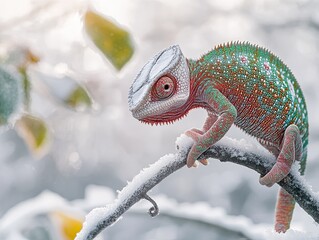 Chameleon isolated on winter background