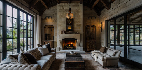 Cozy living room with rustic charm featuring a stone fireplace and large windows overlooking greenery