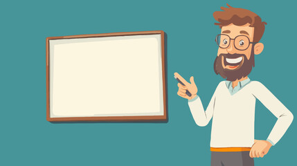 Cheerful Male Teacher Presenting in Virtual Classroom, Cartoon Illustration of Online Education Concept with Big Empty Whiteboard for Copy Space